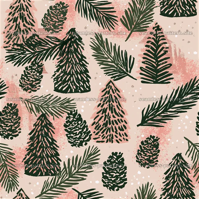Seamless fir tree pattern in dark green on soft pink background — seamless tileable pattern