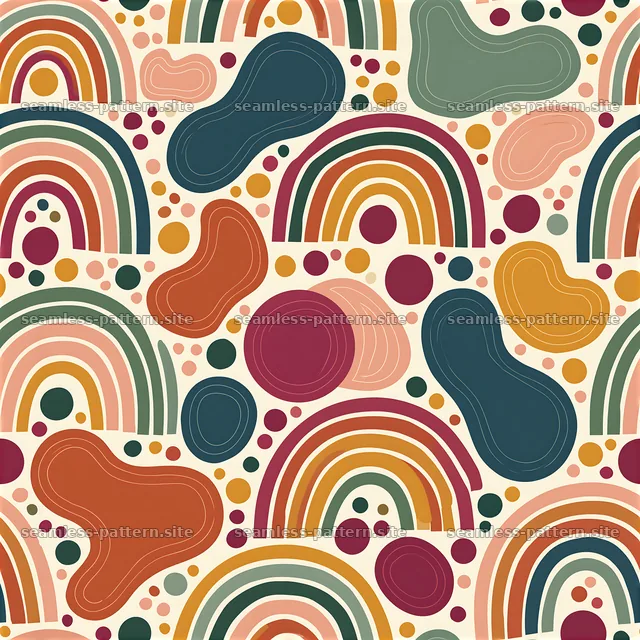 Funky rainbow pattern with colorful shapes and dots throughout — seamless tileable pattern