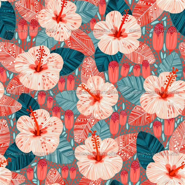 Vibrant hibiscus and tropical leaves seamless pattern design — seamless tileable pattern