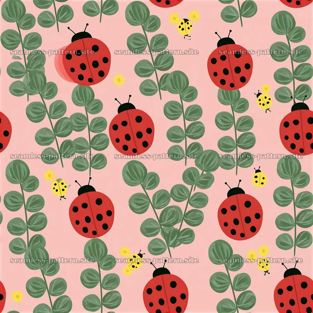 Vibrant ladybugs seamless pattern with lush green leaves on pink background — seamless tileable pattern