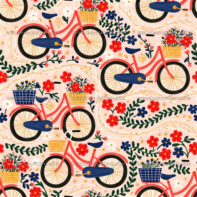 Colorful seamless pattern with bicycles and flowers in baskets — seamless tileable pattern