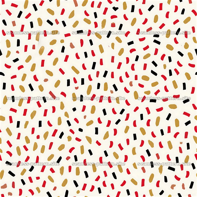 Bold confetti pattern in black, red, and gold on a light background — seamless tileable pattern