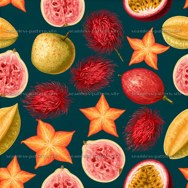 Colorful fruit pattern with star fruit, guava, and rambutan — seamless tileable pattern