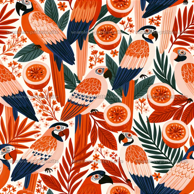 Colorful tropical birds with flowers and fruits in a seamless pattern — seamless tileable pattern