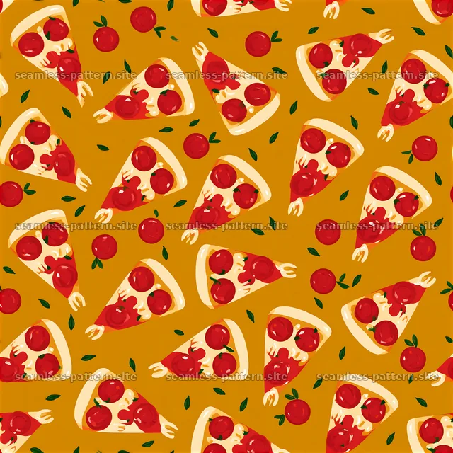 Seamless red and yellow pizza pattern with slices and tomatoes — seamless tileable pattern