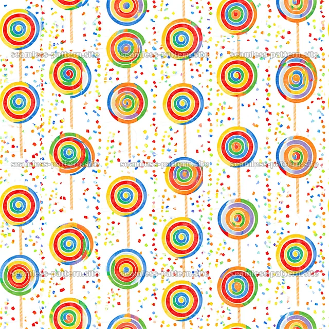Colorful lollipops with confetti on a light background — seamless tileable pattern