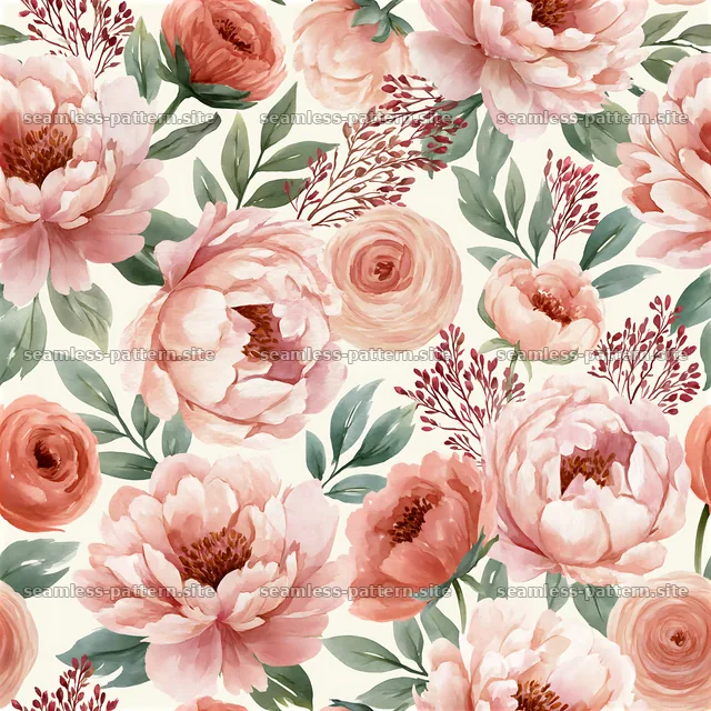Watercolor Flower Seamless Pattern with Peonies and Leaves — seamless tileable pattern