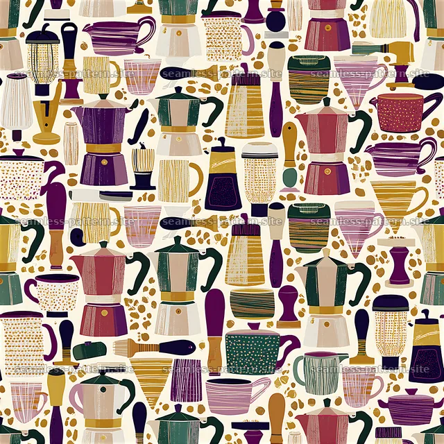 Colorful Coffee Makers and Brewing Tools Seamless Pattern — seamless tileable pattern