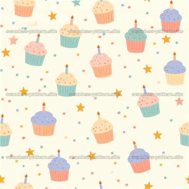 Birthday party sweets seamless pattern with cupcakes and stars — seamless tileable pattern