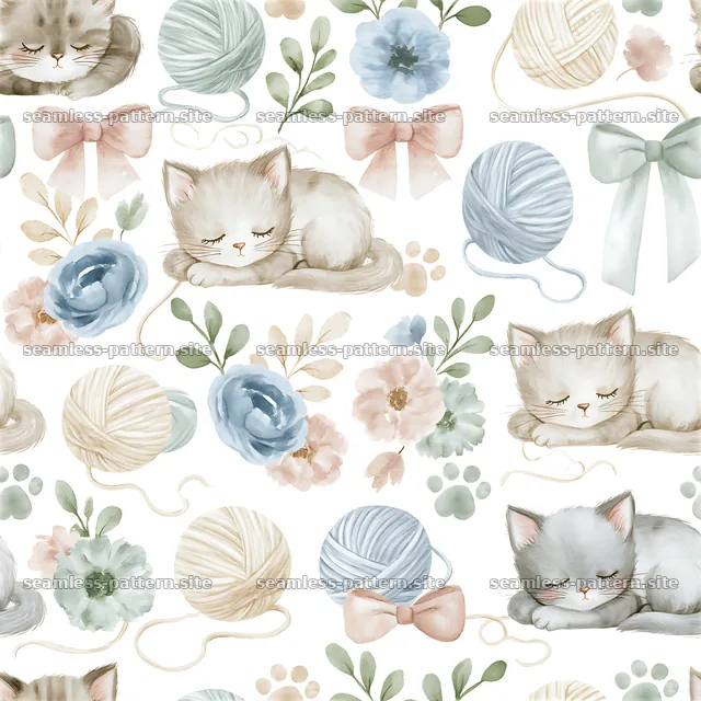Seamless watercolor nursery pattern featuring cats, flowers, and yarn — seamless tileable pattern