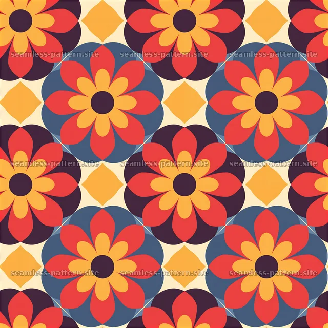 Retro flower seamless pattern with colorful floral motifs and shapes — seamless tileable pattern