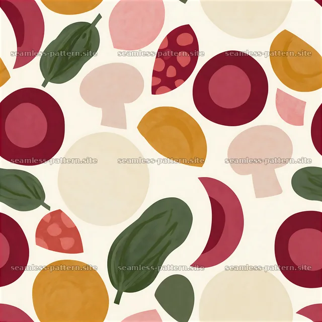 Seamless pizza toppings pattern with vegetables and meats on light — seamless tileable pattern