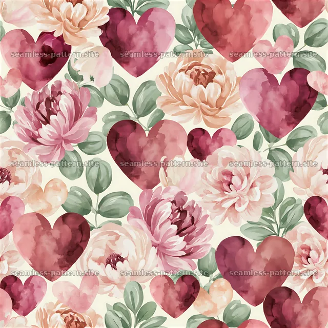 Watercolor Hearts and Flowers Seamless Pattern — seamless tileable pattern