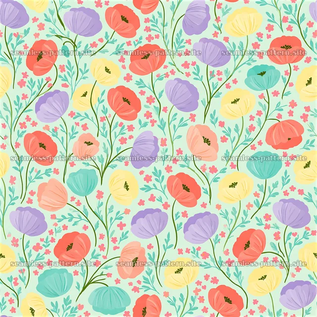 Colorful poppies seamless pattern fills the surface with floral shapes — seamless tileable pattern