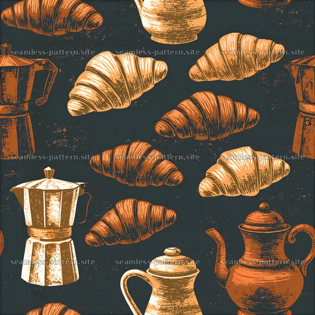 Vintage Coffee and Croissant Seamless Pattern — seamless tileable pattern