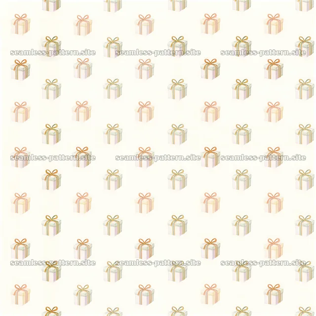 Repeat pattern of gift boxes with striped ribbons in pastel colors — seamless tileable pattern