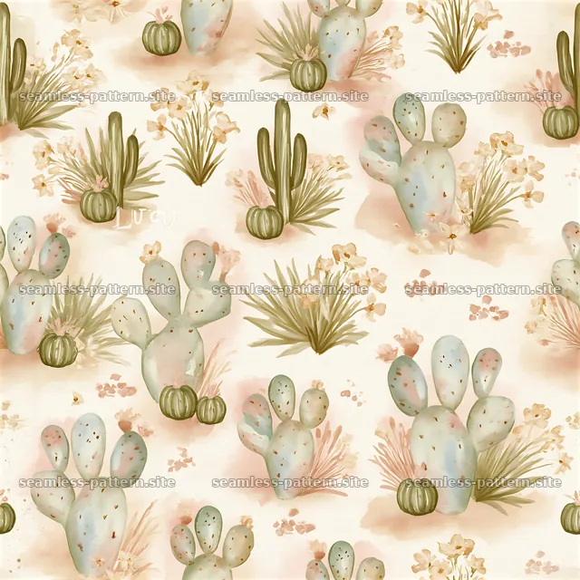 Seamless watercolor desert pattern with cacti and flowers — seamless tileable pattern