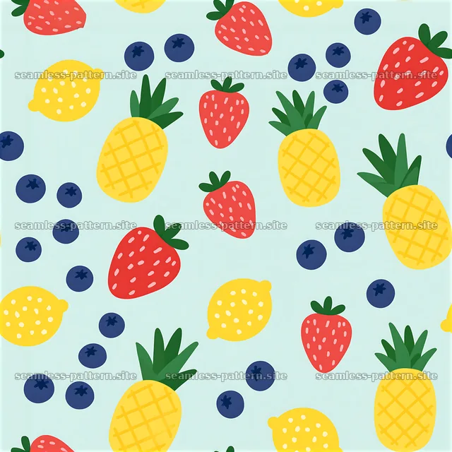 Colorful Fruit Seamless Pattern with Strawberries and Pineapples — seamless tileable pattern