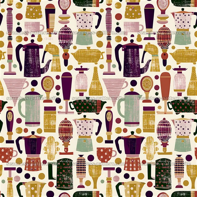 Colorful seamless pattern with coffee equipment and accessories — seamless tileable pattern