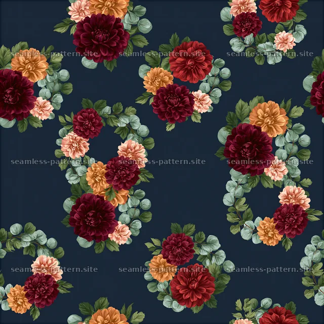 Flower wreath seamless pattern with dark background and vibrant colors — seamless tileable pattern