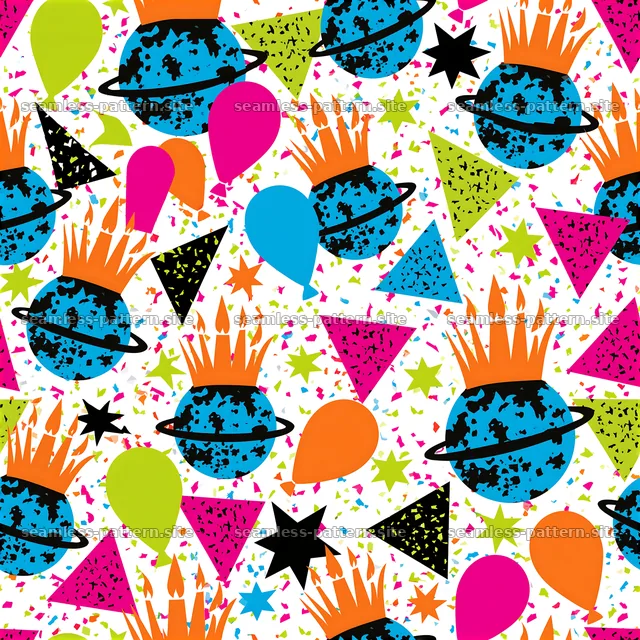 Colorful festive seamless pattern with planets and party elements — seamless tileable pattern