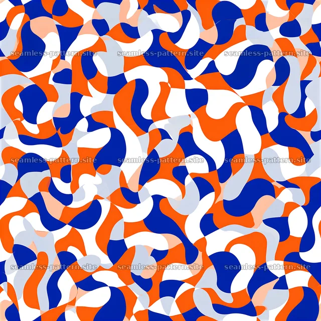 Soft flowing shapes repeat pattern in orange, blue, and white — seamless tileable pattern