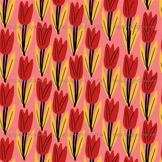 Red Tulip and Gold Leaf Seamless Pattern — seamless tileable pattern
