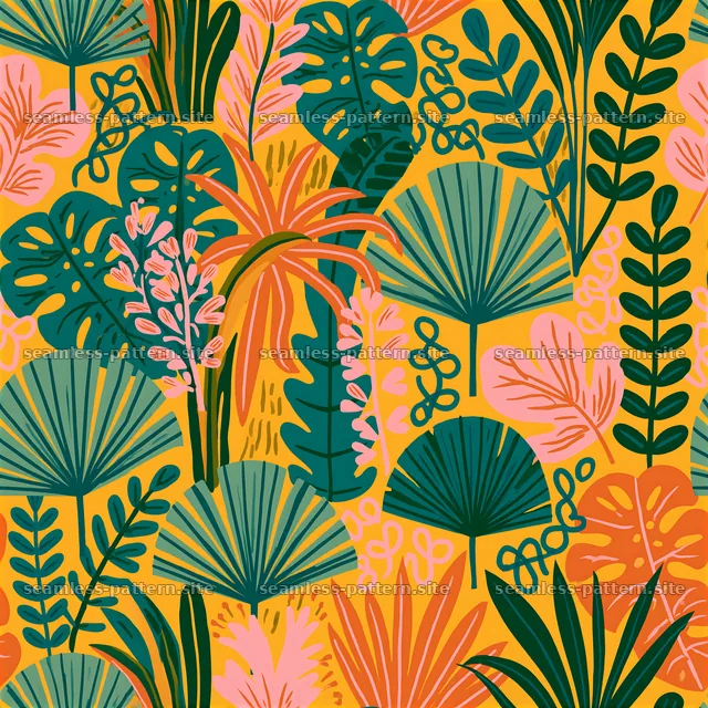 Vivid jungle foliage seamless pattern with tropical plants on yellow background — seamless tileable pattern