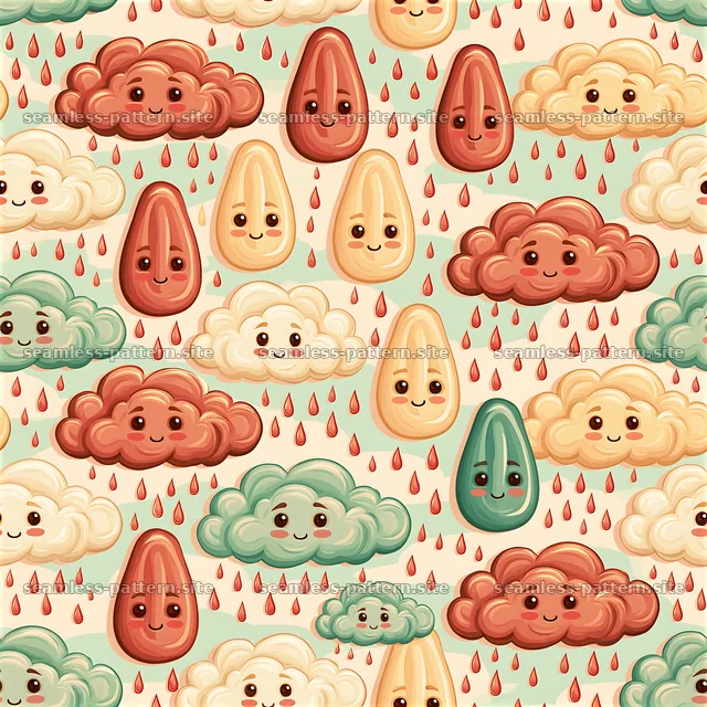 Cute rain cloud seamless pattern with smiling clouds and raindrops — seamless tileable pattern