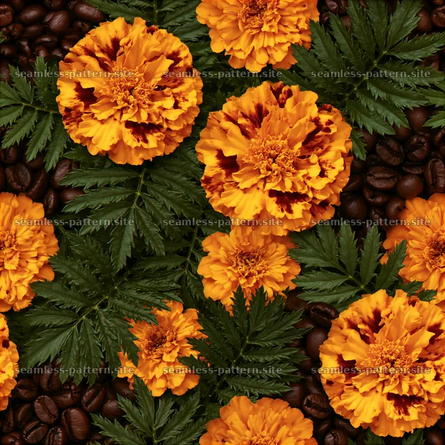 Seamless coffee beans and flowers pattern with marigold blooms — seamless tileable pattern