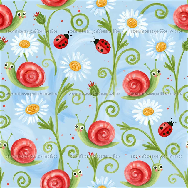 Colorful snail and flower seamless pattern on light blue background — seamless tileable pattern