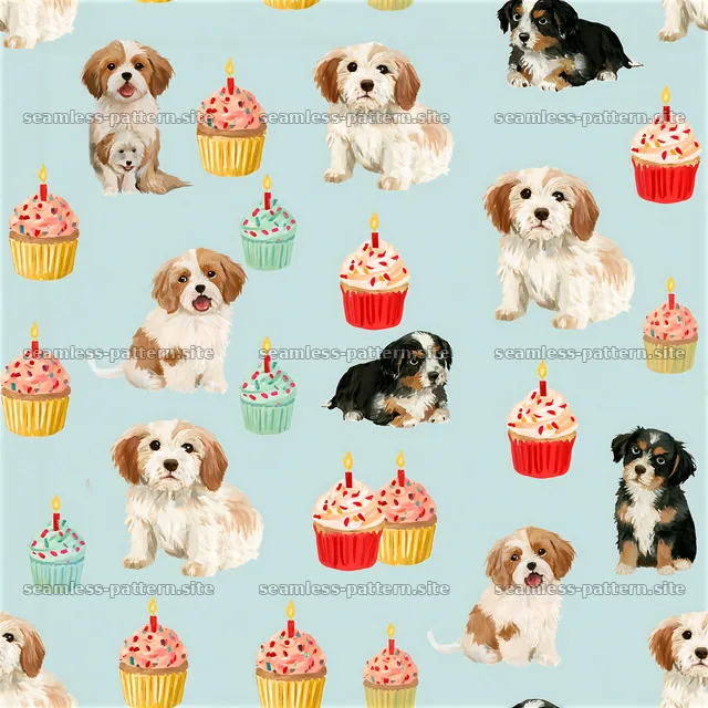Birthday puppies seamless pattern with cupcakes and colorful dogs — seamless tileable pattern