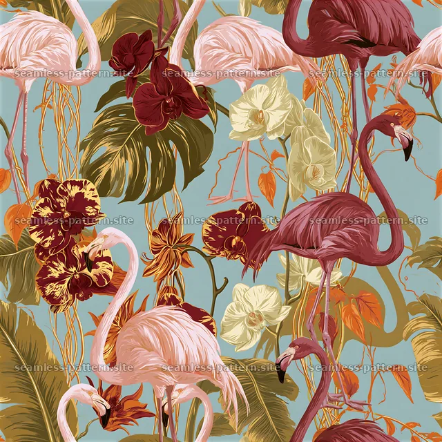 Colorful flamingo and tropical flower seamless pattern — seamless tileable pattern