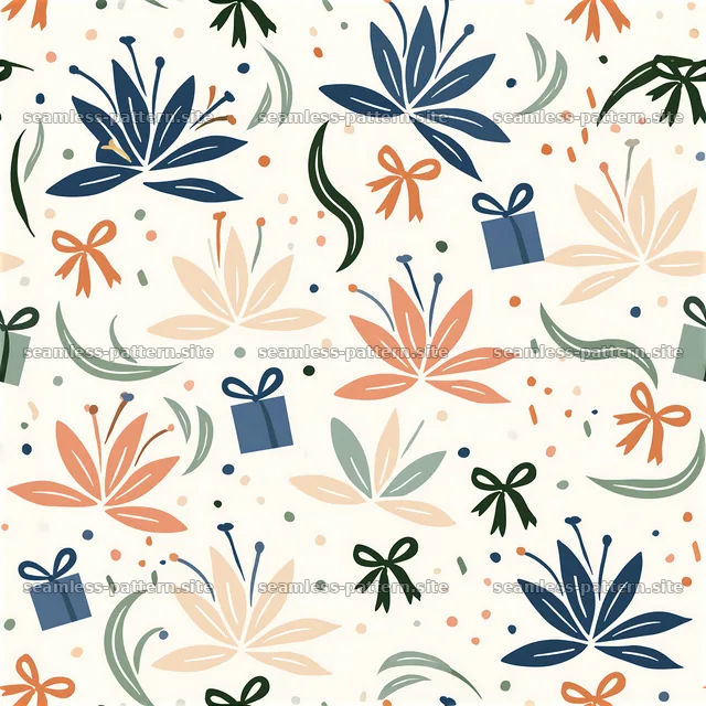 Birthday floral repeat pattern with gifts and bows — seamless tileable pattern