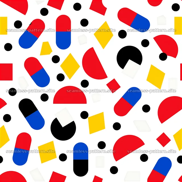 Funky confetti seamless pattern featuring colorful geometric shapes — seamless tileable pattern
