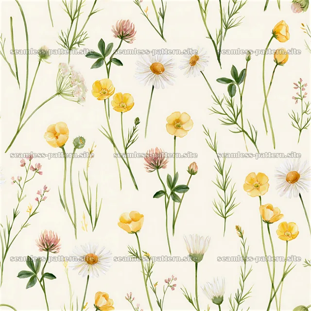 Tileable watercolor meadow flower pattern with yellow and white blossoms — seamless tileable pattern