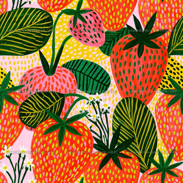 Cute strawberry and tropical leaf seamless pattern — seamless tileable pattern