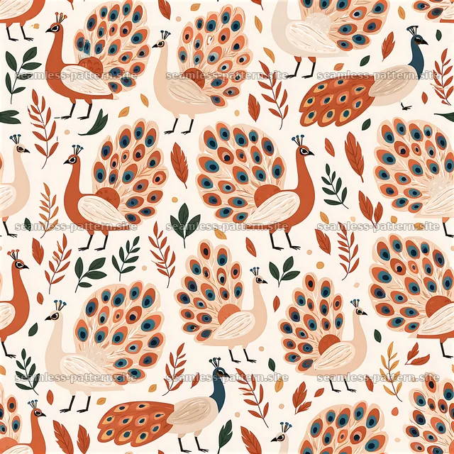 Colorful Peacock Seamless Pattern with Leaves — seamless tileable pattern