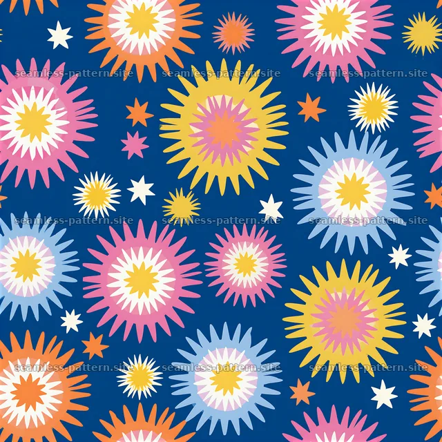 Colorful seamless pattern with starburst motifs on a blue background — seamless tileable pattern