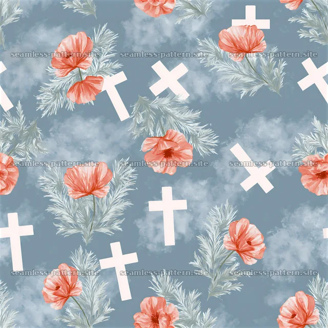 Seamless Christian cross pattern with soft watercolor florals on gray — seamless tileable pattern