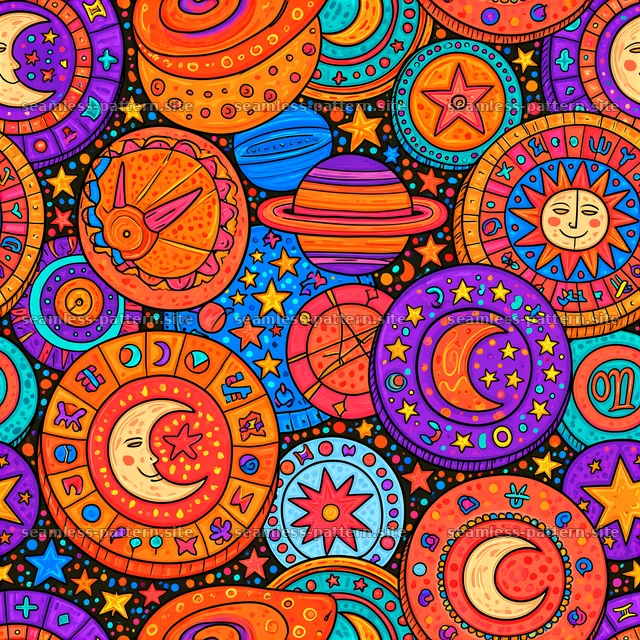Colorful astrology seamless pattern with celestial motifs and symbols — seamless tileable pattern