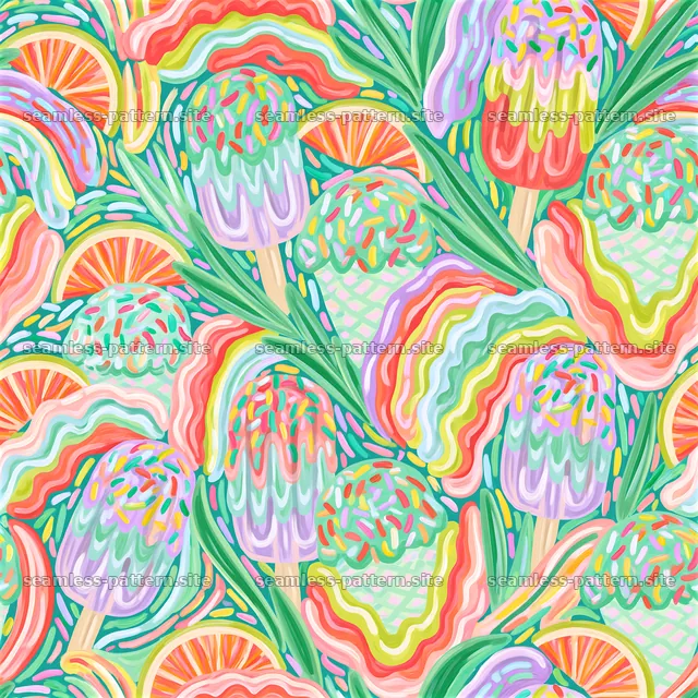 Colorful ice cream pattern with popsicles and fruit slices — seamless tileable pattern