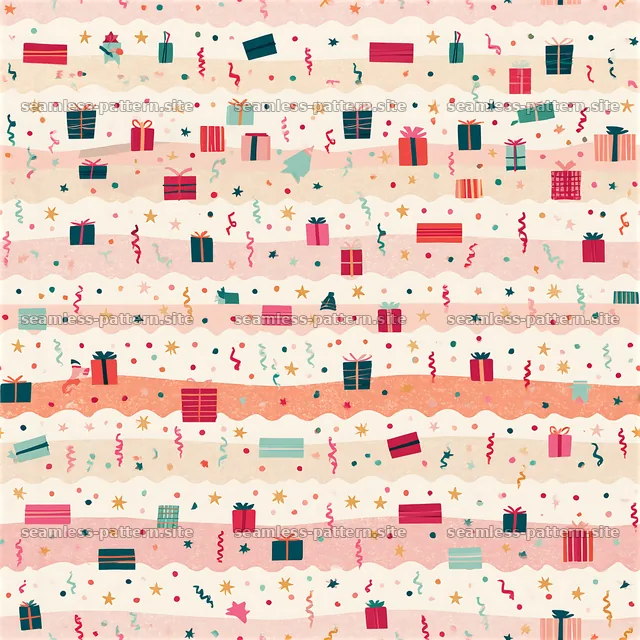 Colorful striped seamless pattern with gifts and decorations — seamless tileable pattern