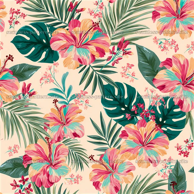 Tropical floral repeat pattern with hibiscus and palm leaves — seamless tileable pattern