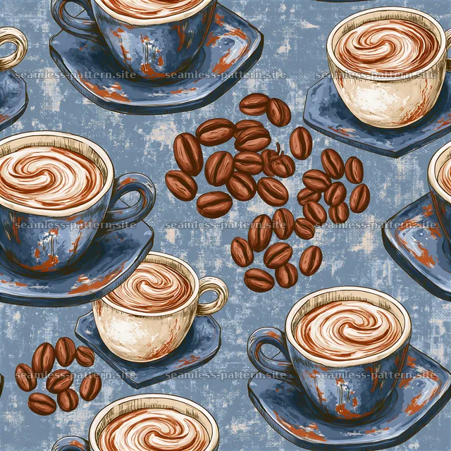 Cappuccino cups and coffee beans seamless pattern — seamless tileable pattern