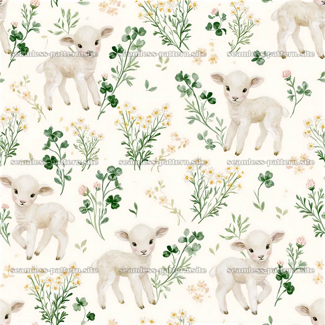 Seamless pattern featuring lambs and gentle botanical elements — seamless tileable pattern