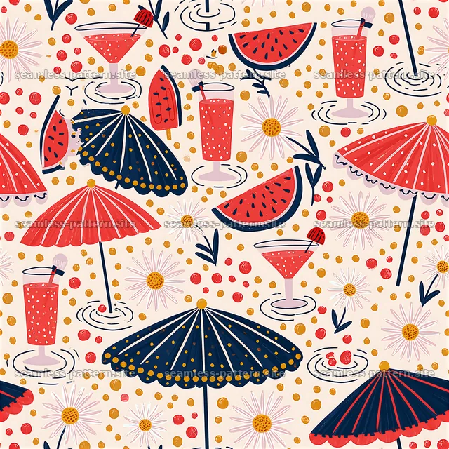 Funky Poolside Summer Drinks and Umbrellas Seamless Pattern — seamless tileable pattern