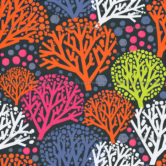 Colorful coral design featuring bold shapes on a dark background — seamless tileable pattern