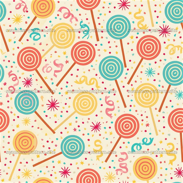 Birthday lollipops seamless pattern with colorful swirls and confetti — seamless tileable pattern