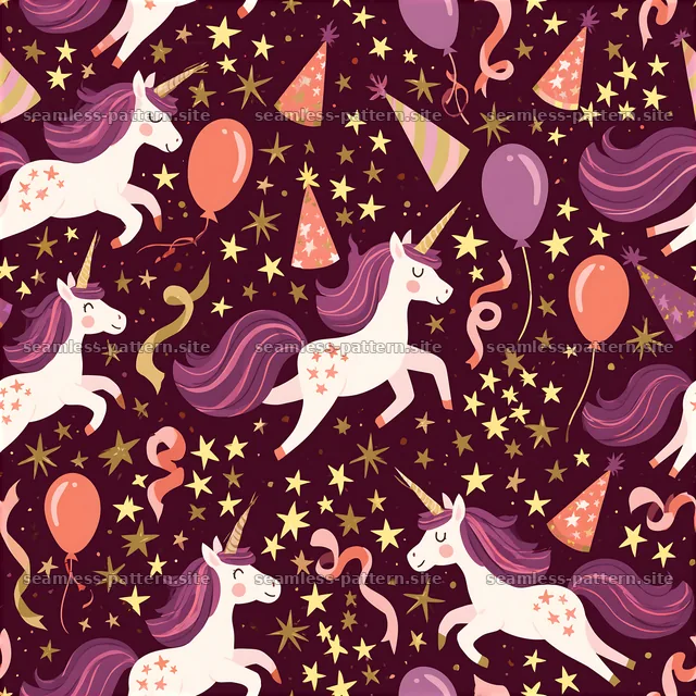 Colorful unicorns and party elements create a fun pattern — seamless tileable pattern